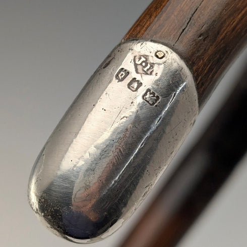 1919年英國古董棕色杖身,彎柄,純銀裝飾輕便手杖,91厘米