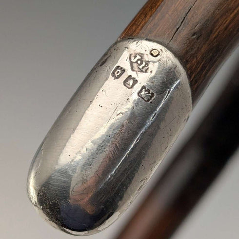 1919年英國古董棕色杖身,彎柄,純銀裝飾輕便手杖,91厘米