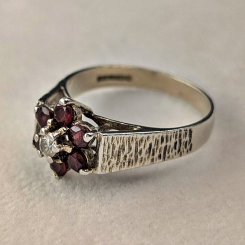 British Vintage Sterling Silver Garnet & Zirconia Flower Ring (Size 15)