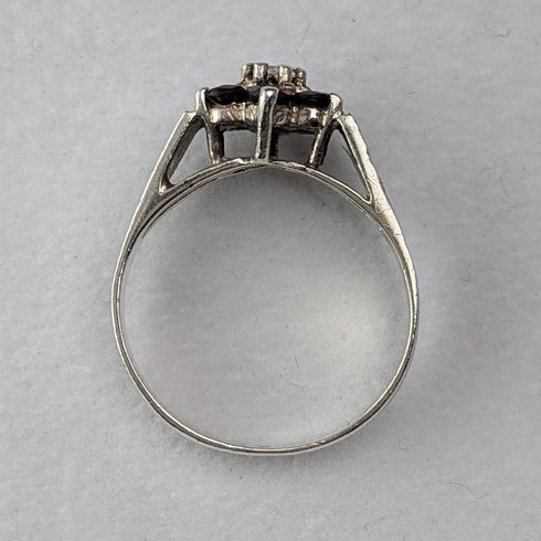 British Vintage Sterling Silver Garnet & Zirconia Flower Ring (Size 15)