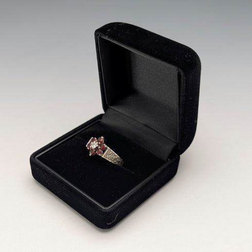 British Vintage Sterling Silver Garnet & Zirconia Flower Ring (Size 15)