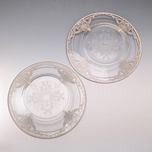 1930年代美國復古銀飾新藝術風格裝飾玻璃盤一對,直徑21厘米