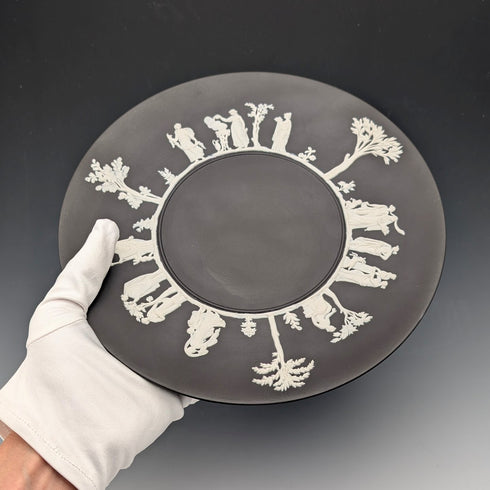 British Vintage Wedgwood Black Jasperware Plate, 23cm Diameter, Boxed