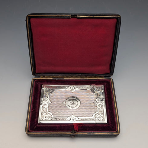 1869 British Antique Sterling Silver Card Case, 56g, Boxed, Frederick Marson