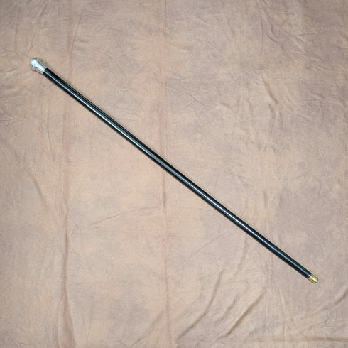 1919 British Antique Black Shaft Sterling Silver Carved Rondelle Handle Walking Stick, 88cm