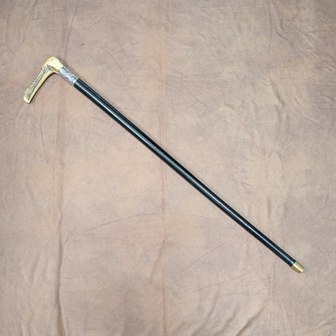 1911 British Antique Black Shaft Sterling Silver Antler L-Handle Walking Stick, 77cm