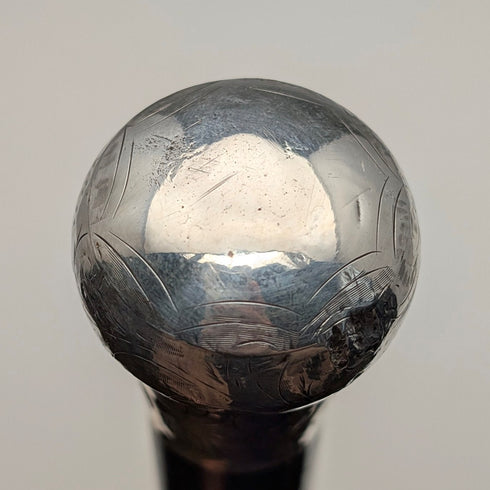 1919 British Antique Black Shaft Sterling Silver Carved Rondelle Handle Walking Stick, 88cm