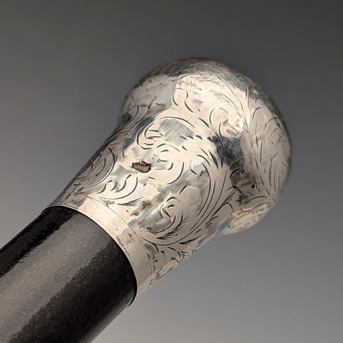 1919 British Antique Black Shaft Sterling Silver Carved Rondelle Handle Walking Stick, 88cm