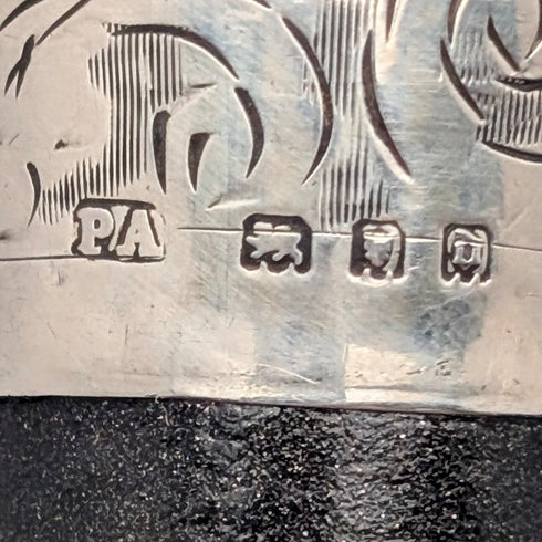 1919 British Antique Black Shaft Sterling Silver Carved Rondelle Handle Walking Stick, 88cm