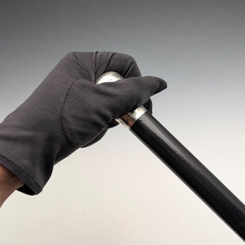 1919 British Antique Black Shaft Sterling Silver Carved Rondelle Handle Walking Stick, 88cm