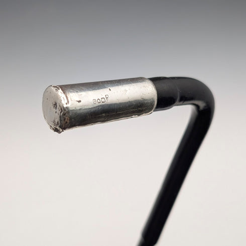 1899 British Antique Black Shaft L-Handle Sterling Silver Decorated Lightweight Walking Stick, 90cm