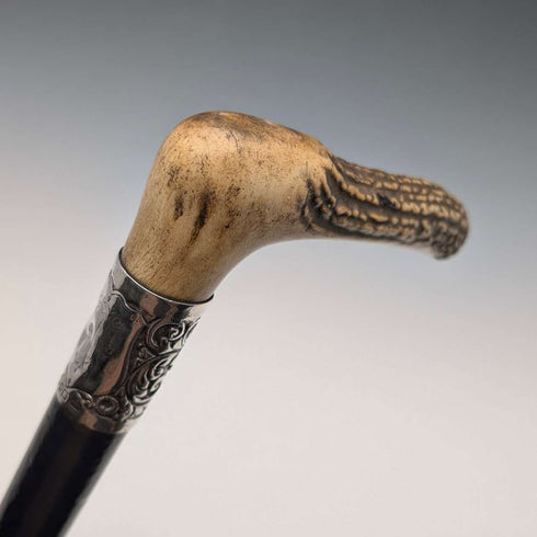 1911 British Antique Black Shaft Sterling Silver Antler L-Handle Walking Stick, 77cm