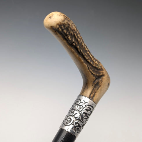 1911 British Antique Black Shaft Sterling Silver Antler L-Handle Walking Stick, 77cm
