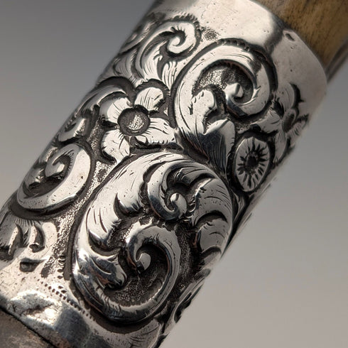 1911 British Antique Black Shaft Sterling Silver Antler L-Handle Walking Stick, 77cm