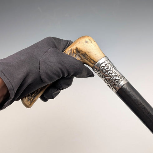 1911 British Antique Black Shaft Sterling Silver Antler L-Handle Walking Stick, 77cm