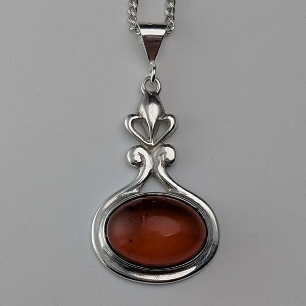 Vintage sterling silver honey amber pendant with sterling silver chain