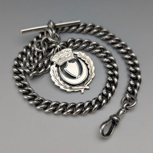 1922年頃 英国アンティーク 純銀製アルバートチェーン 60g 準銀メダルフォブ