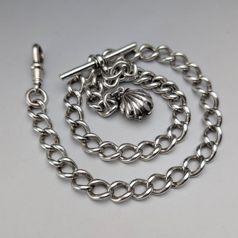 約1897年英國古董純銀阿爾伯特鏈,重46克,配珍珠母貝吊墜