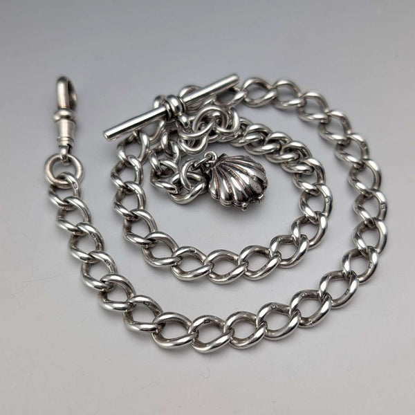 Circa 1897 British Antique Sterling Silver Albert Chain, 46g, Mother of Pearl Charm Fob