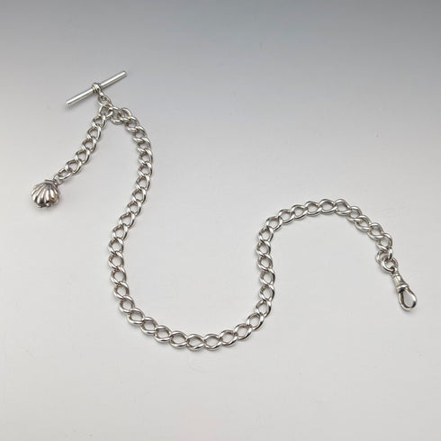 約1897年英國古董純銀阿爾伯特鏈,重46克,配珍珠母貝吊墜