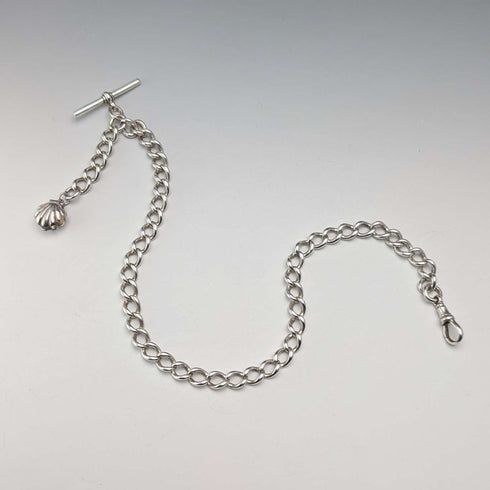 Circa 1897 British Antique Sterling Silver Albert Chain, 46g, Mother of Pearl Charm Fob