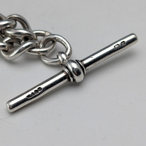 約1897年英國古董純銀阿爾伯特鏈,重46克,配珍珠母貝吊墜