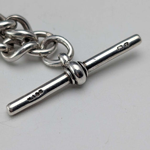 Circa 1897 British Antique Sterling Silver Albert Chain, 46g, Mother of Pearl Charm Fob