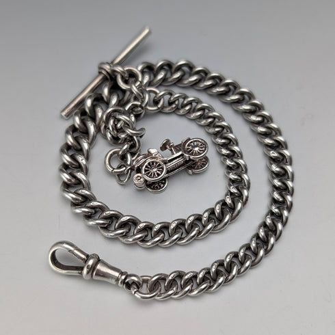 Circa 1915 British Antique Sterling Silver Albert Chain, 51g, Classic Car Charm Fob
