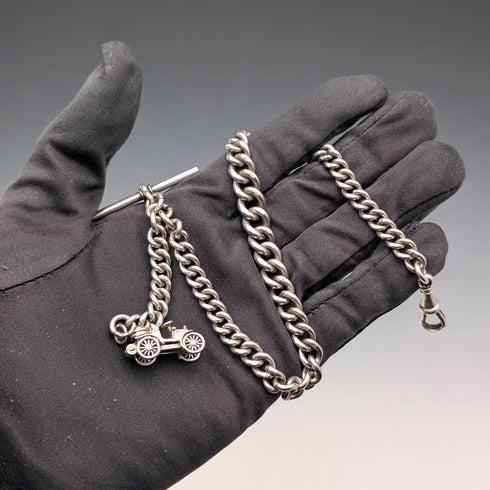 Circa 1915 British Antique Sterling Silver Albert Chain, 51g, Classic Car Charm Fob