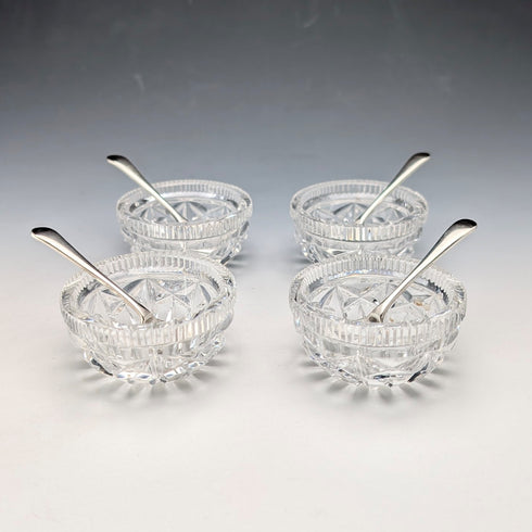 1929年英國古董切割玻璃碟與純銀湯匙套裝,共4件,Joseph Rodgers & Sons出品,含原廠盒