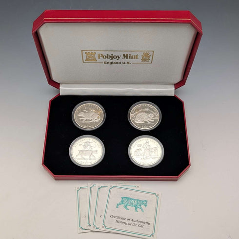 英國曼島銀克朗硬幣,貓歷史系列:一套4枚,PobjoyMint出品,帶盒子和說明書