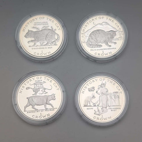 英國曼島銀克朗硬幣,貓歷史系列:一套4枚,PobjoyMint出品,帶盒子和說明書