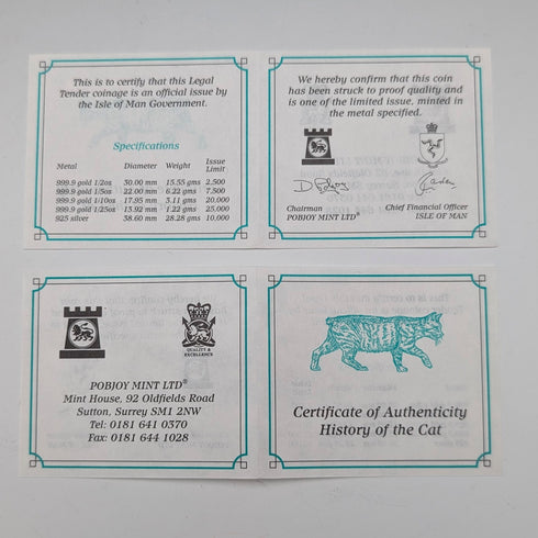 英國曼島銀克朗硬幣,貓歷史系列:一套4枚,PobjoyMint出品,帶盒子和說明書