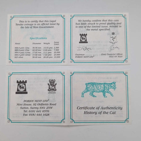 英國曼島銀克朗硬幣,貓歷史系列:一套4枚,PobjoyMint出品,帶盒子和說明書