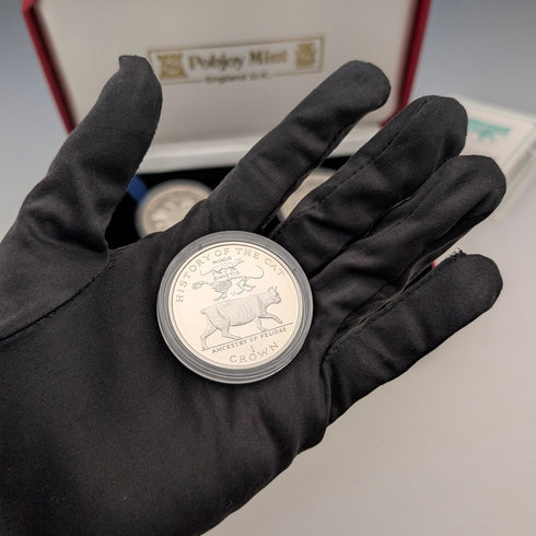 英國曼島銀克朗硬幣,貓歷史系列:一套4枚,PobjoyMint出品,帶盒子和說明書