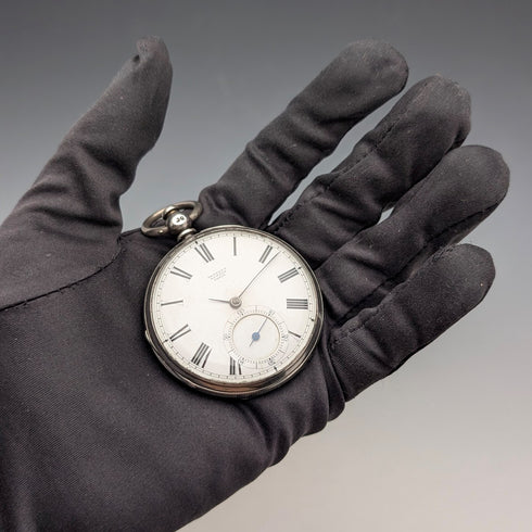 1864年英國約翰貝內特古董鑰匙上弦懷錶,銀色鏤空錶盤,走時良好