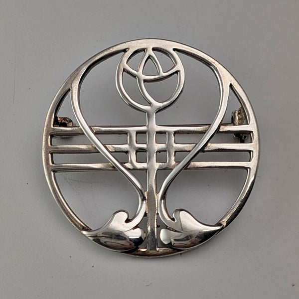 Vintage Sterling Silver Mackintosh Rose Art Nouveau Round Brooch