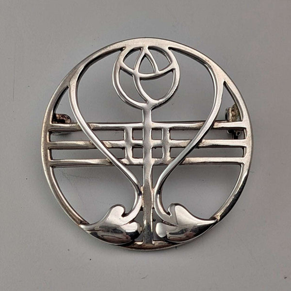 Vintage Sterling Silver Mackintosh Rose Art Nouveau Round Brooch