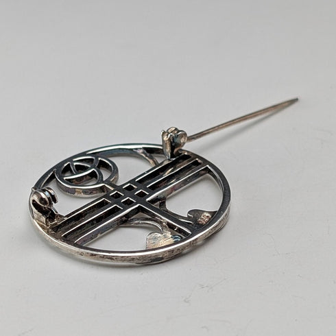 Vintage Sterling Silver Mackintosh Rose Art Nouveau Round Brooch