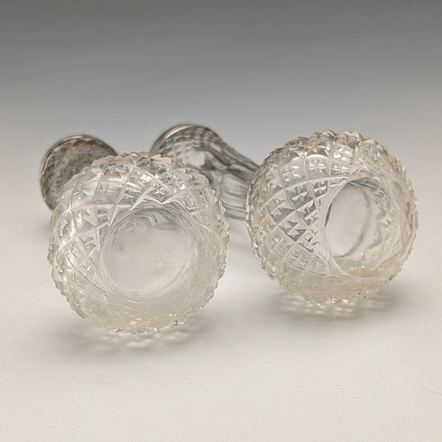 1897年 英国アンティーク カットガラス&純銀装飾 小型一輪挿し 花瓶ペア