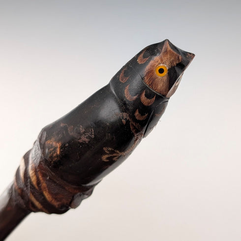 Vintage Natural Wood Hiking Stick with Owl Carving Handle, 129cm