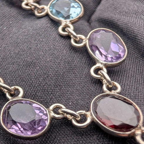 Vintage Sterling Silver Multicolor Gem Y-Shaped Drop Necklace, 45cm