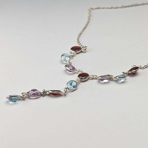 Vintage Sterling Silver Multicolor Gem Y-Shaped Drop Necklace, 45cm