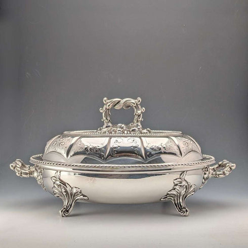 Circa 1870, British antique silver-plated oval-shaped entree dish, Martin Hall