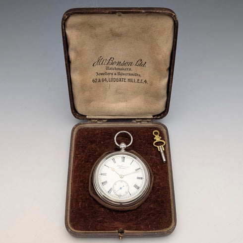 1905 British antique JW Benson Ludgate pocket watch, sterling silver open face, in good working order.