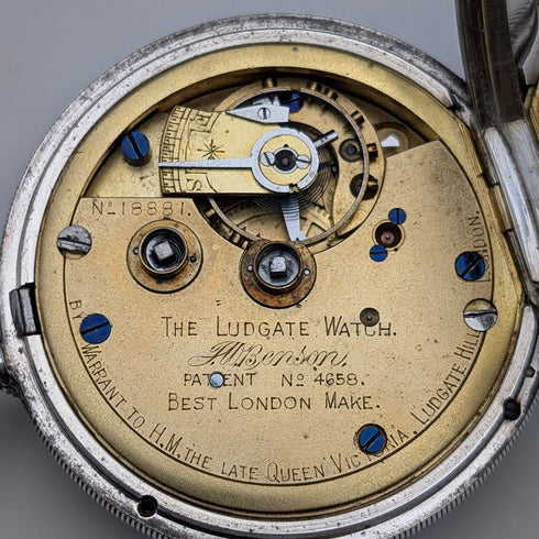 1905 British antique JW Benson Ludgate pocket watch, sterling silver open face, in good working order.