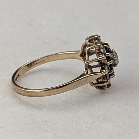 英国ヴィンテージ K9ゴールド サファイヤ&キュービックジルコニア フラワーデザインリング(日本13号) 指輪