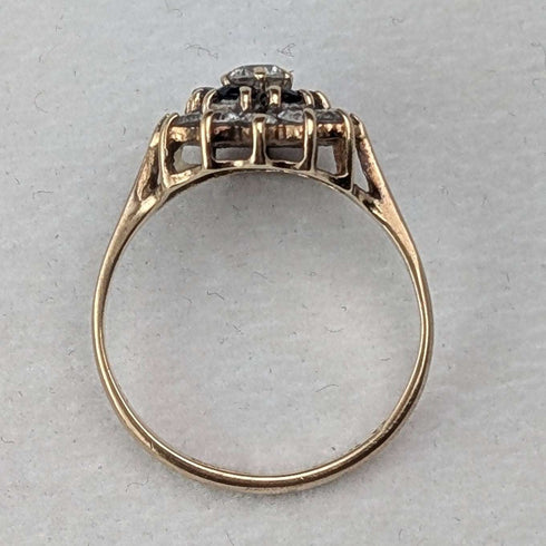 UK Vintage K9 Gold Sapphire & Cubic Zirconia Flower Design Ring (Japan size 13)