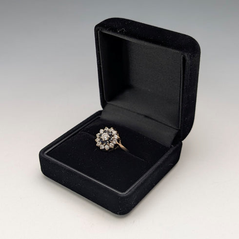 英国ヴィンテージ K9ゴールド サファイヤ&キュービックジルコニア フラワーデザインリング(日本13号) 指輪