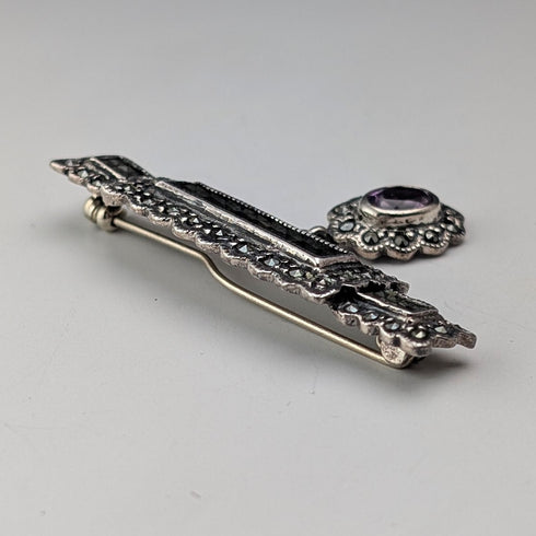 復古純銀底座 馬克賽石和紫色寶石胸針